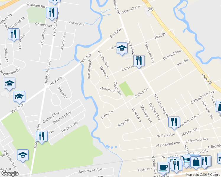 map of restaurants, bars, coffee shops, grocery stores, and more near 19 Merion Ln in Maple Shade