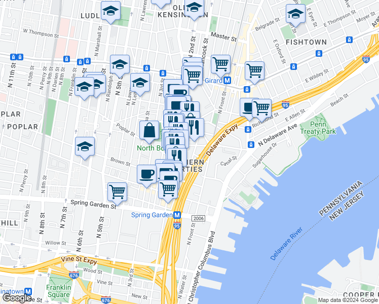 map of restaurants, bars, coffee shops, grocery stores, and more near 938 New Market Street in Philadelphia