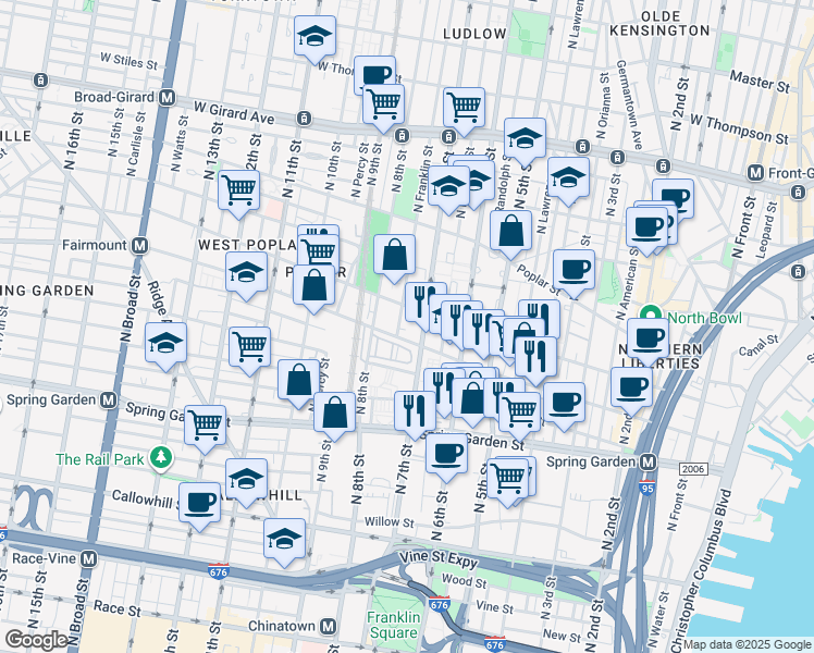 map of restaurants, bars, coffee shops, grocery stores, and more near 705-09 Franklin Place in Philadelphia