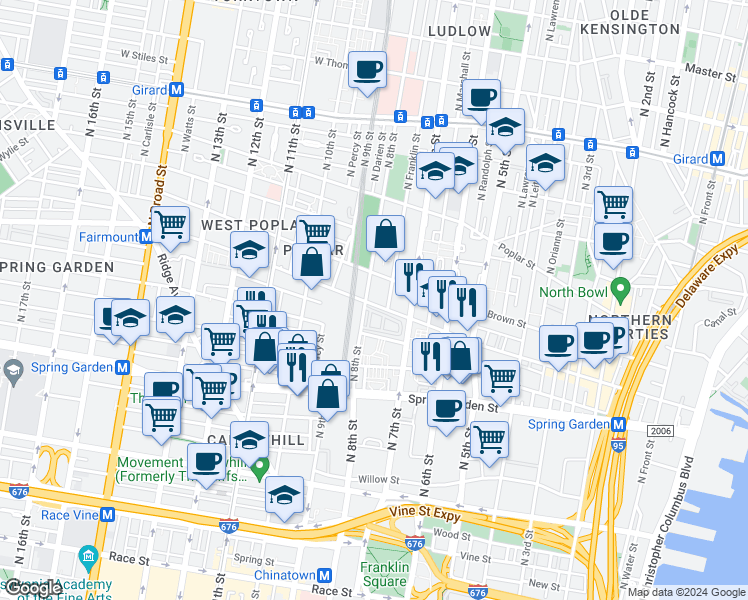 map of restaurants, bars, coffee shops, grocery stores, and more near 666 North 8th Street in Philadelphia