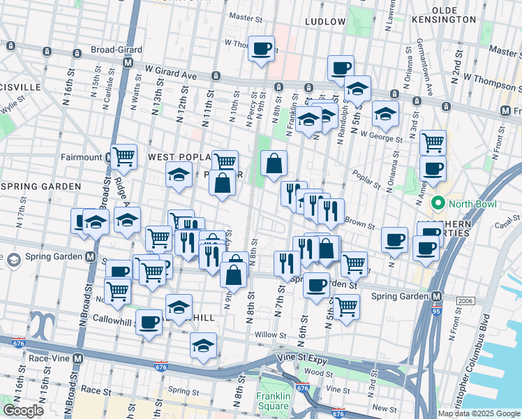 map of restaurants, bars, coffee shops, grocery stores, and more near 666 North 8th Street in Philadelphia