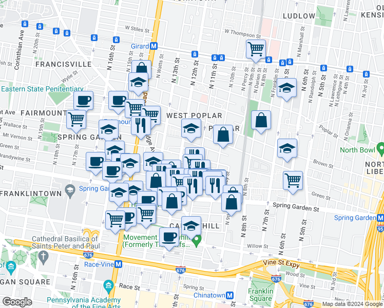 map of restaurants, bars, coffee shops, grocery stores, and more near in Philadelphia