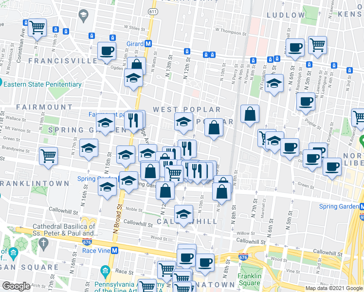 map of restaurants, bars, coffee shops, grocery stores, and more near in Philadelphia