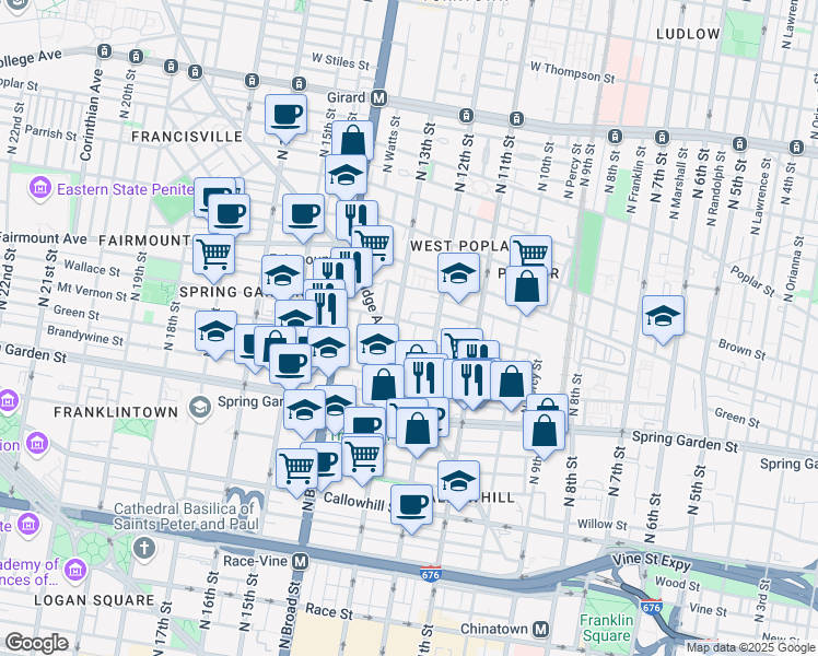map of restaurants, bars, coffee shops, grocery stores, and more near 1204 Wallace Street in Philadelphia