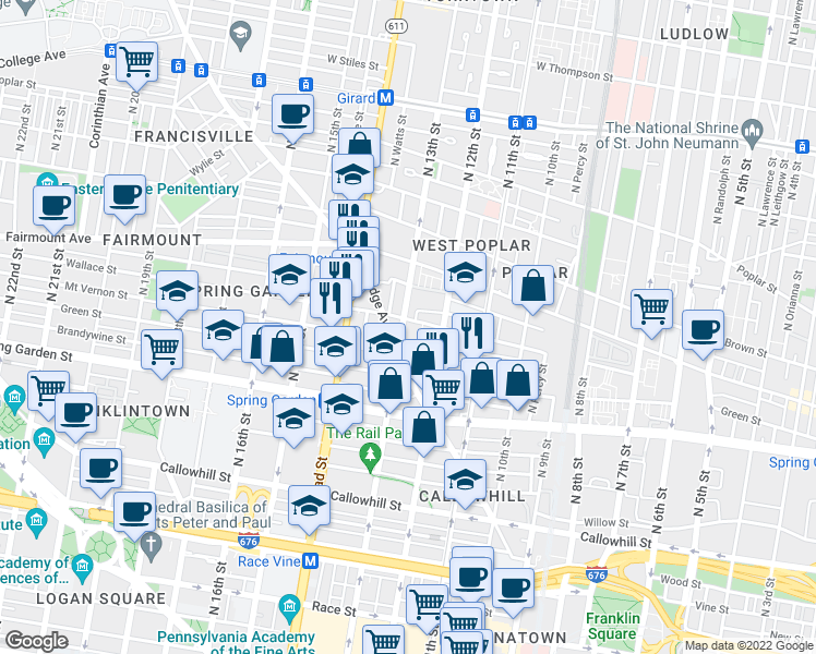 map of restaurants, bars, coffee shops, grocery stores, and more near 1315 Ridge Avenue in Philadelphia