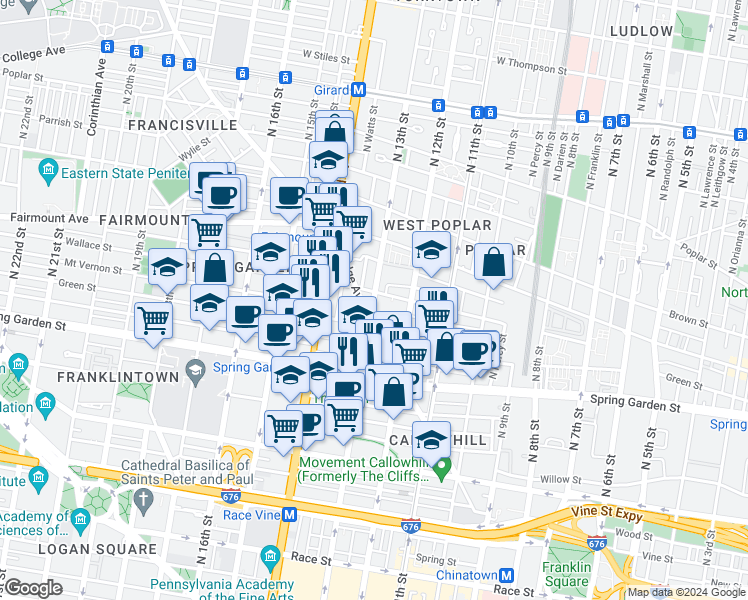 map of restaurants, bars, coffee shops, grocery stores, and more near 1315 Ridge Avenue in Philadelphia