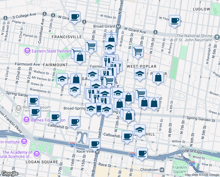 map of restaurants, bars, coffee shops, grocery stores, and more near in Philadelphia