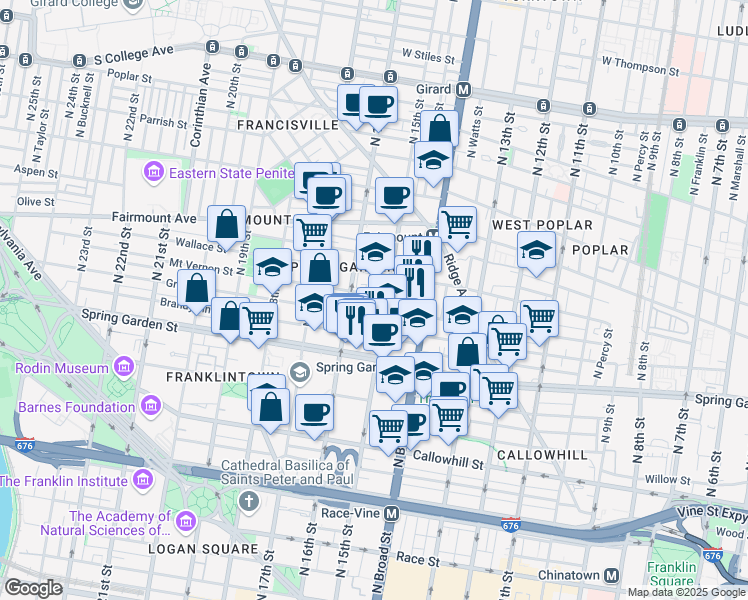 map of restaurants, bars, coffee shops, grocery stores, and more near 1520 Mount Vernon Street in Philadelphia