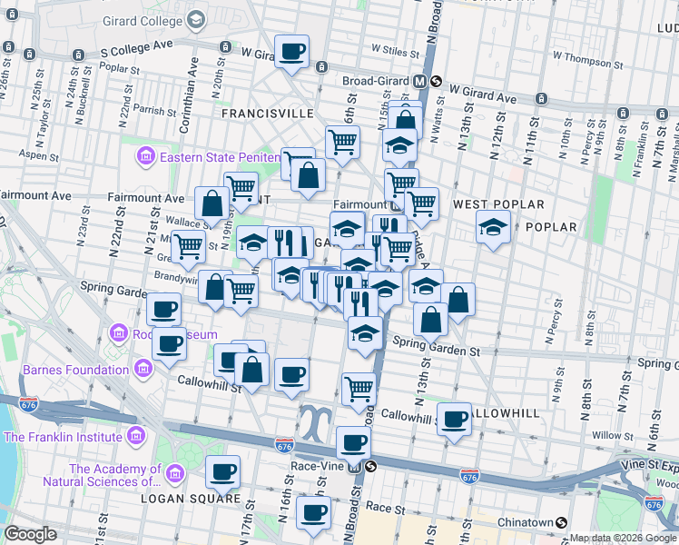 map of restaurants, bars, coffee shops, grocery stores, and more near 1520 Mount Vernon Street in Philadelphia