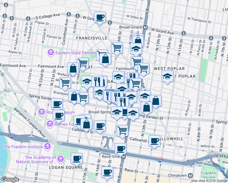 map of restaurants, bars, coffee shops, grocery stores, and more near 1520 Mount Vernon Street in Philadelphia