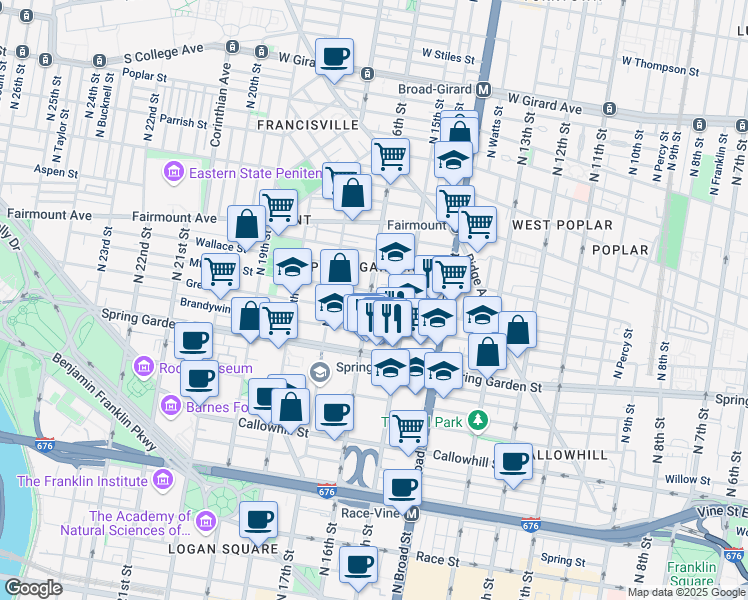 map of restaurants, bars, coffee shops, grocery stores, and more near 1520 Mount Vernon Street in Philadelphia