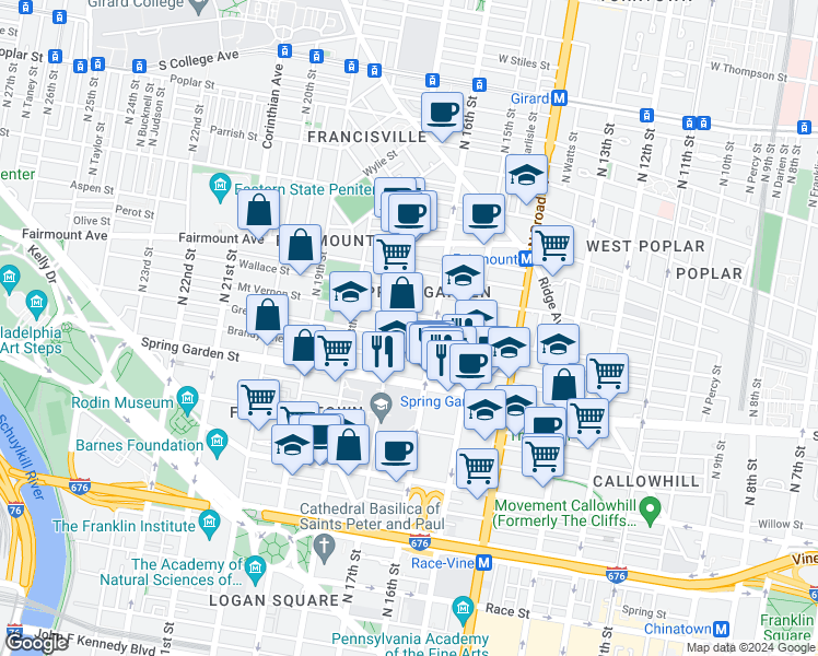 map of restaurants, bars, coffee shops, grocery stores, and more near 1619 Mount Vernon Street in Philadelphia