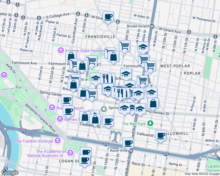 map of restaurants, bars, coffee shops, grocery stores, and more near 1619 Mount Vernon Street in Philadelphia