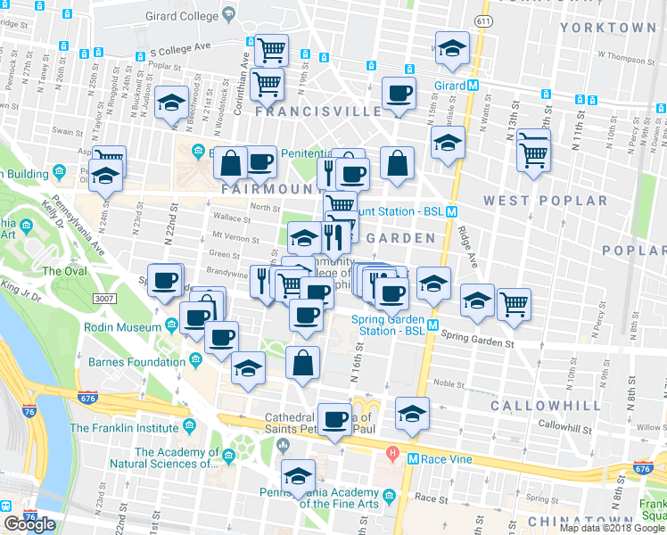 map of restaurants, bars, coffee shops, grocery stores, and more near 1705 Green Street in Philadelphia