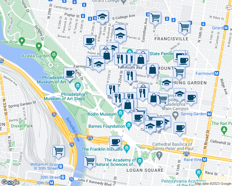 map of restaurants, bars, coffee shops, grocery stores, and more near in Philadelphia
