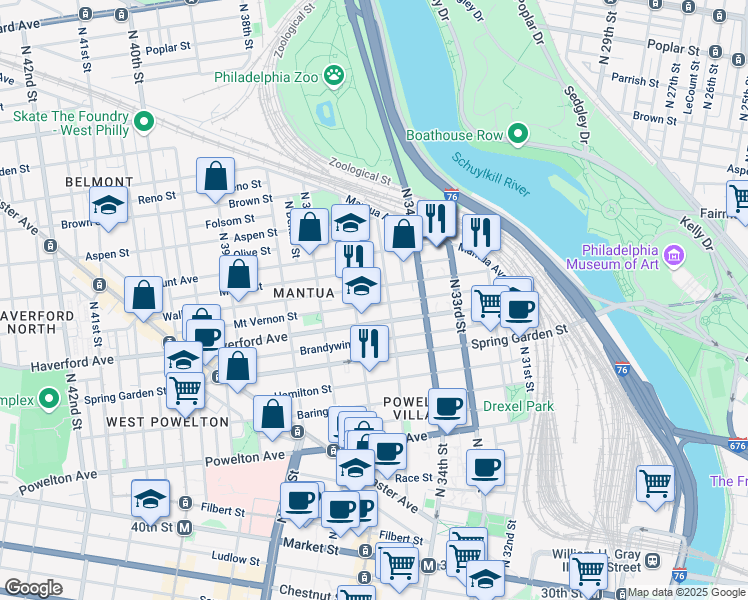 map of restaurants, bars, coffee shops, grocery stores, and more near in Philadelphia