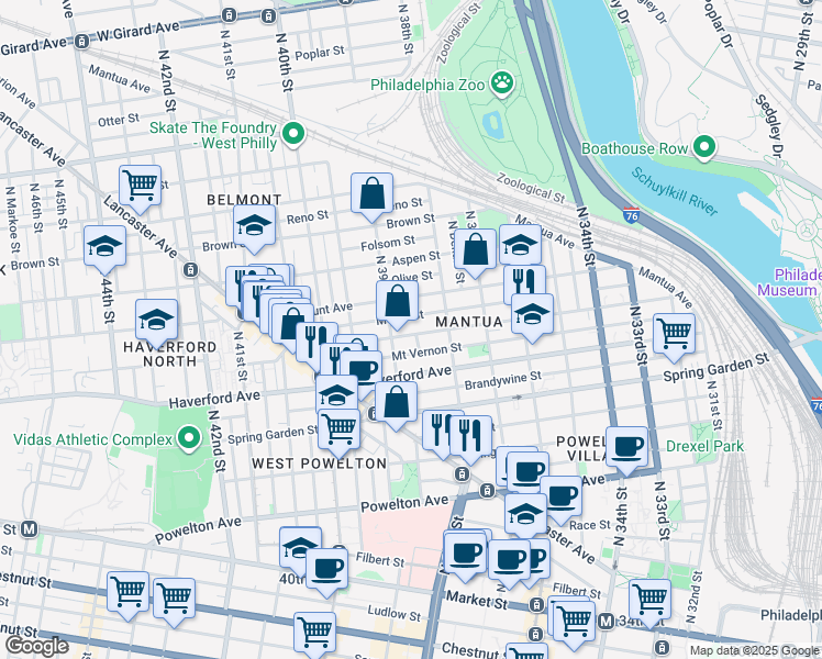 map of restaurants, bars, coffee shops, grocery stores, and more near 641 North 39th Street in Philadelphia