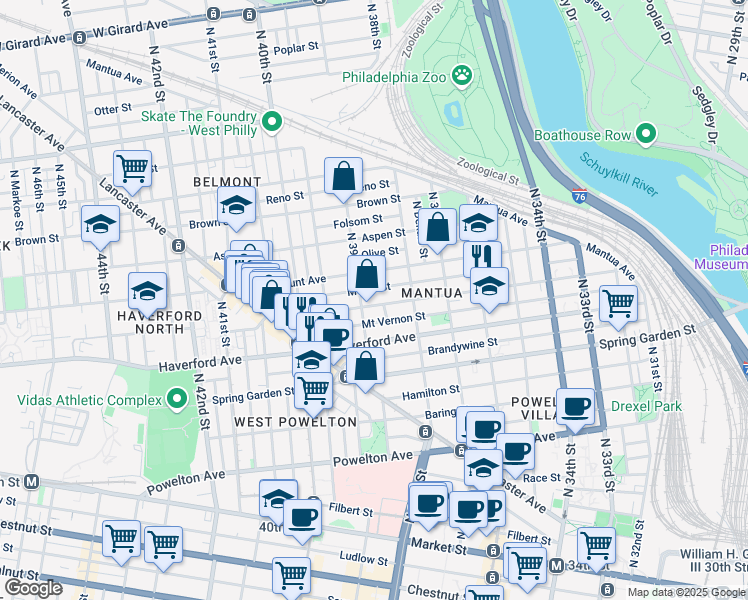 map of restaurants, bars, coffee shops, grocery stores, and more near 641 North 39th Street in Philadelphia