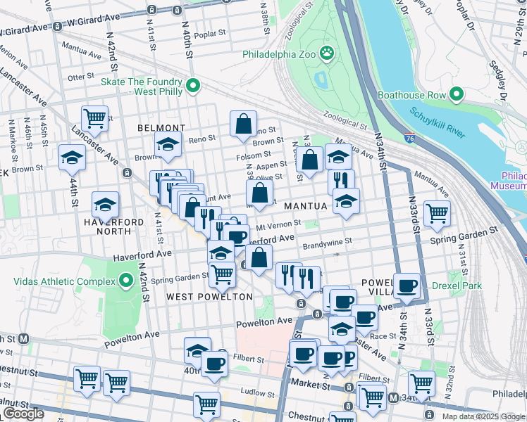 map of restaurants, bars, coffee shops, grocery stores, and more near 641 North 39th Street in Philadelphia