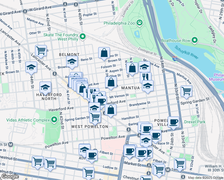 map of restaurants, bars, coffee shops, grocery stores, and more near 641 North 39th Street in Philadelphia