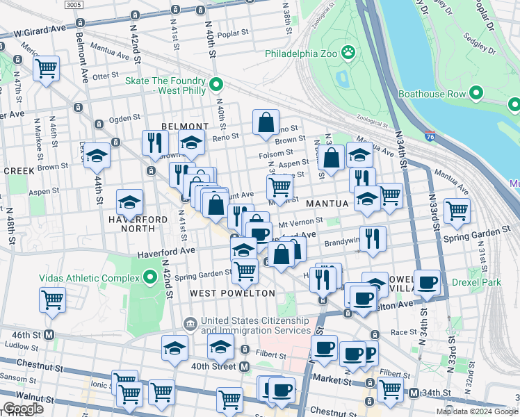 map of restaurants, bars, coffee shops, grocery stores, and more near 3919 Wallace Street in Philadelphia