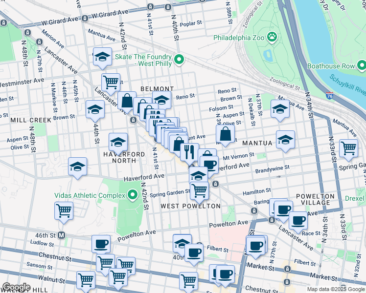 map of restaurants, bars, coffee shops, grocery stores, and more near 663 North Preston Street in Philadelphia