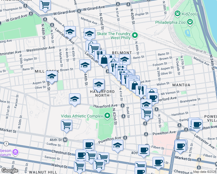 map of restaurants, bars, coffee shops, grocery stores, and more near 673 North 42nd Street in Philadelphia
