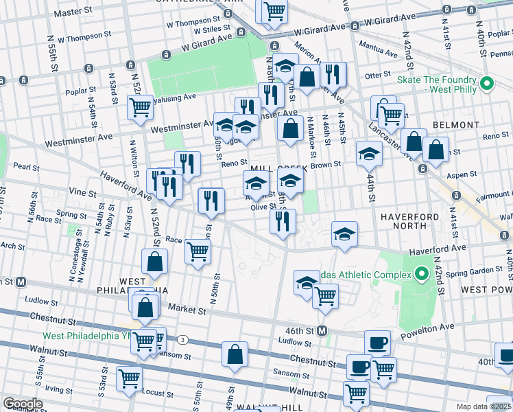 map of restaurants, bars, coffee shops, grocery stores, and more near 4834 Olive Street in Philadelphia