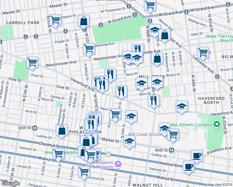map of restaurants, bars, coffee shops, grocery stores, and more near 5052 Aspen Street in Philadelphia