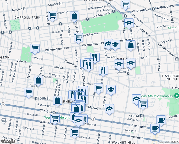 map of restaurants, bars, coffee shops, grocery stores, and more near 5156 Haverford Avenue in Philadelphia