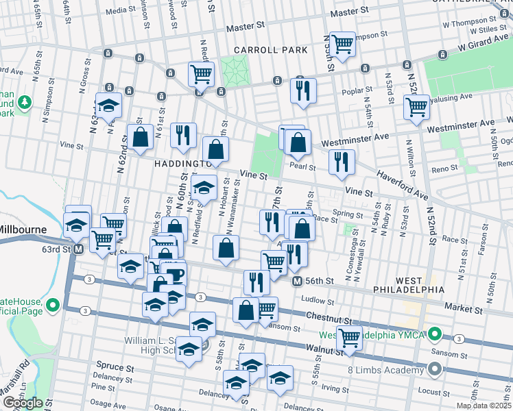 map of restaurants, bars, coffee shops, grocery stores, and more near 5733 Race Street in Philadelphia