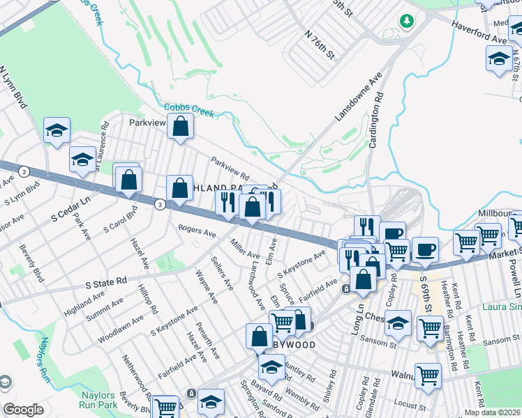 map of restaurants, bars, coffee shops, grocery stores, and more near 24 Sunshine Road in Delaware County