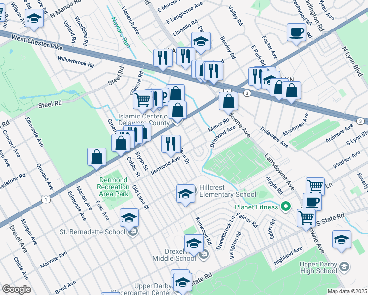 map of restaurants, bars, coffee shops, grocery stores, and more near 1219 Wilson Drive in Havertown