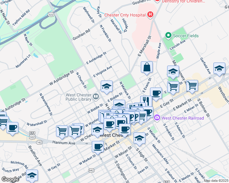 map of restaurants, bars, coffee shops, grocery stores, and more near 419 North Walnut Street in West Chester