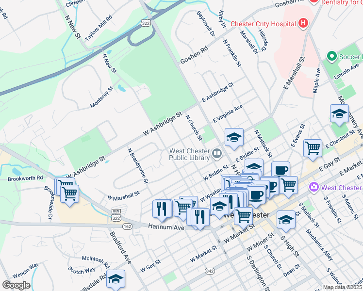 map of restaurants, bars, coffee shops, grocery stores, and more near 200 West Virginia Avenue in West Chester