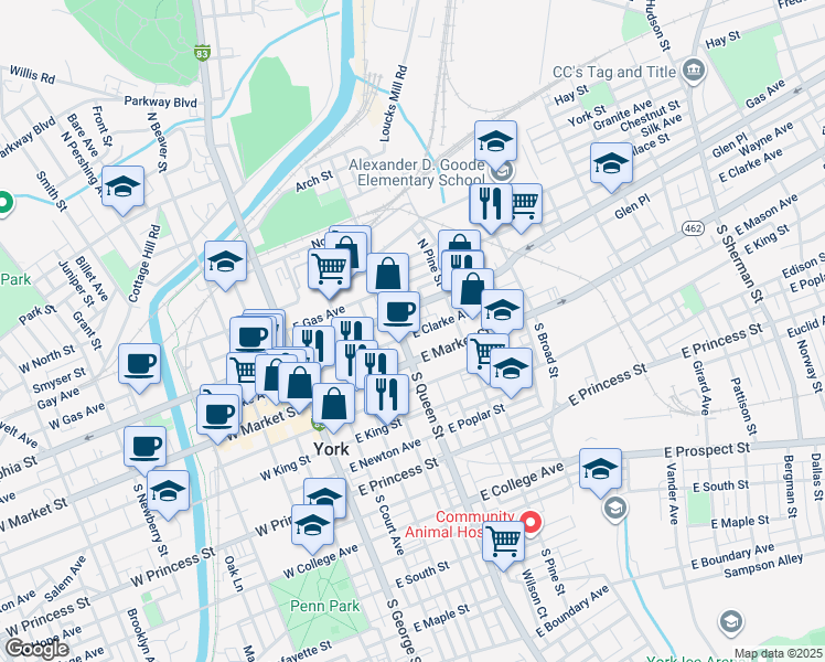 map of restaurants, bars, coffee shops, grocery stores, and more near 219 East Clarke Avenue in York