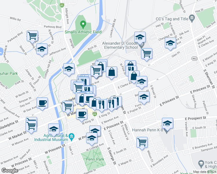 map of restaurants, bars, coffee shops, grocery stores, and more near 142 East Philadelphia Street in York