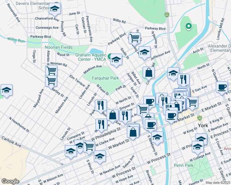map of restaurants, bars, coffee shops, grocery stores, and more near 331 Garfield Street in York