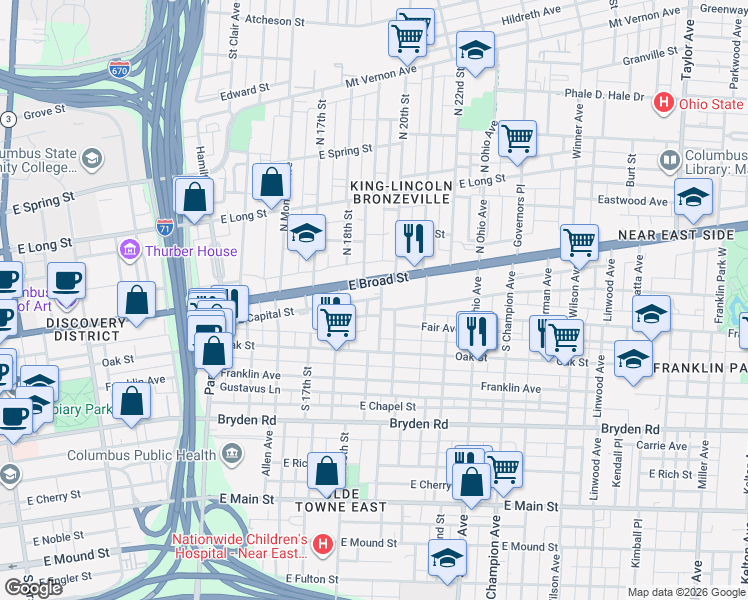 map of restaurants, bars, coffee shops, grocery stores, and more near 995 East Broad Street in Columbus