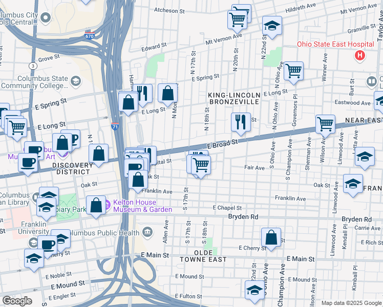 map of restaurants, bars, coffee shops, grocery stores, and more near 875 East Broad Street in Columbus