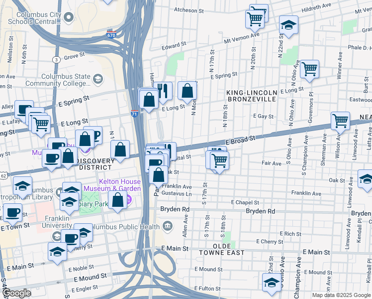 map of restaurants, bars, coffee shops, grocery stores, and more near 825 East Broad Street in Columbus