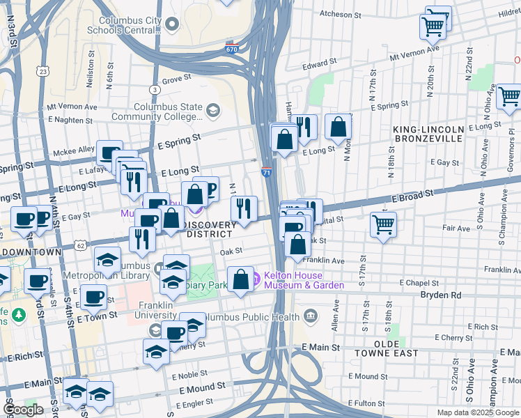 map of restaurants, bars, coffee shops, grocery stores, and more near 600 East Broad Street in Columbus