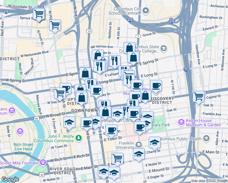 map of restaurants, bars, coffee shops, grocery stores, and more near 278 1/2 East Gay Street in Columbus