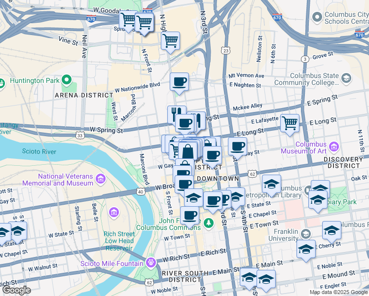 map of restaurants, bars, coffee shops, grocery stores, and more near in Columbus