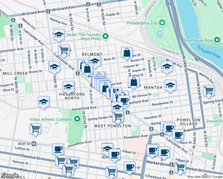 map of restaurants, bars, coffee shops, grocery stores, and more near 636 North 40th Street in Philadelphia