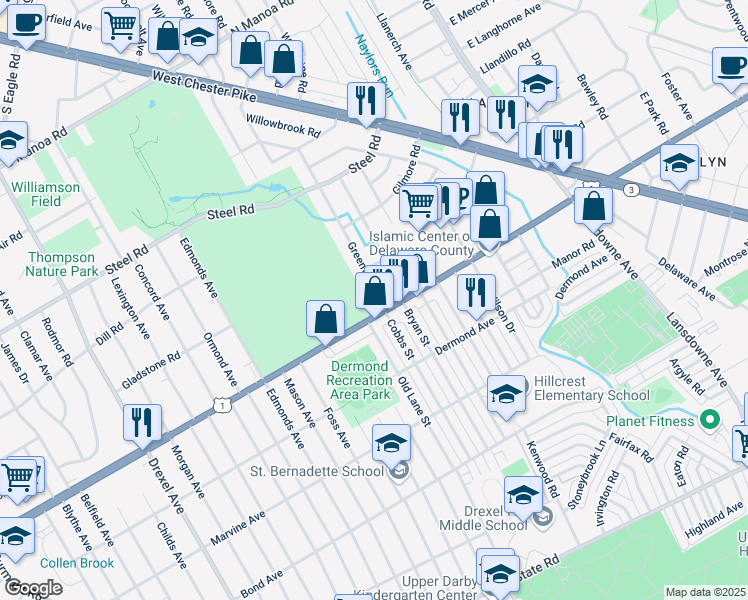map of restaurants, bars, coffee shops, grocery stores, and more near 12 Greenview Lane in Havertown