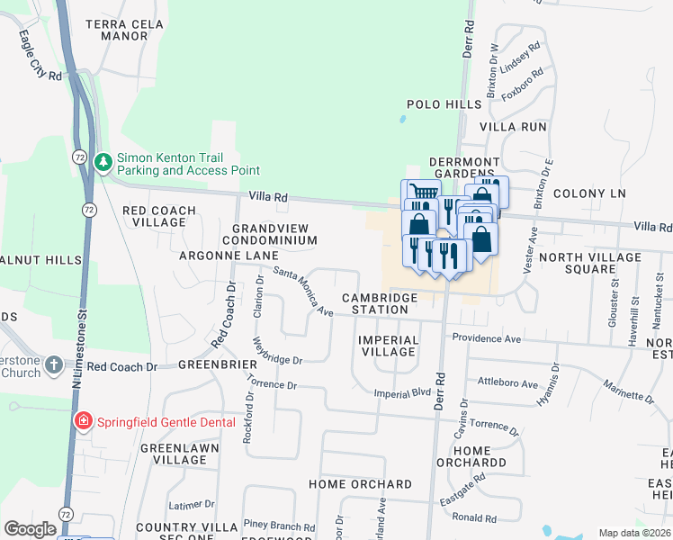 map of restaurants, bars, coffee shops, grocery stores, and more near 841 Henderson Drive in Springfield