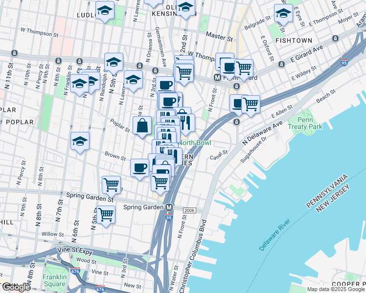 map of restaurants, bars, coffee shops, grocery stores, and more near 938 New Market Street in Philadelphia