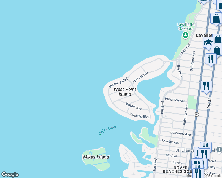 map of restaurants, bars, coffee shops, grocery stores, and more near 108 Pershing Boulevard in Lavallette