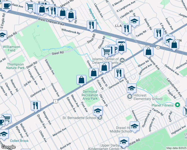 map of restaurants, bars, coffee shops, grocery stores, and more near 12 Greenview Lane in Havertown